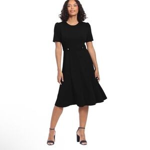 London Times Puff-Sleeve Tab-Detail Fit & Flare Dress Black Sz 10 NWT